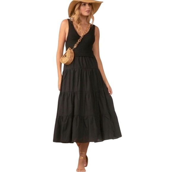 Jason Wu NWT Black V-Neck Bodice Tiered Prairie Midi Dress - Picture 1 of 16